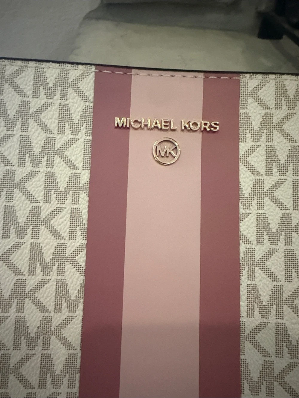 Michael Kors White Signature Logo Wristlet with Pink Stripe